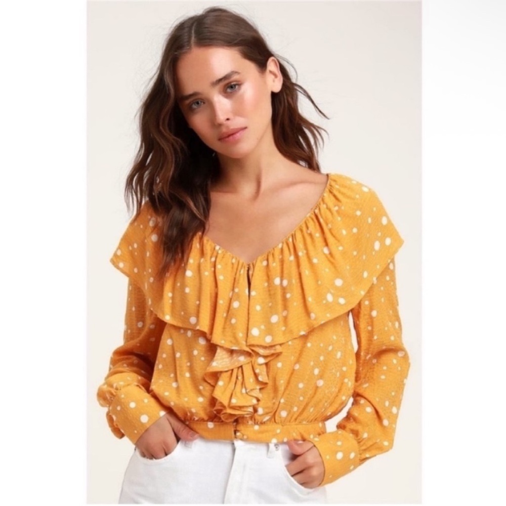Lulu's West End Long Sleeve Top yellow mustard polka dots ruffled cropped